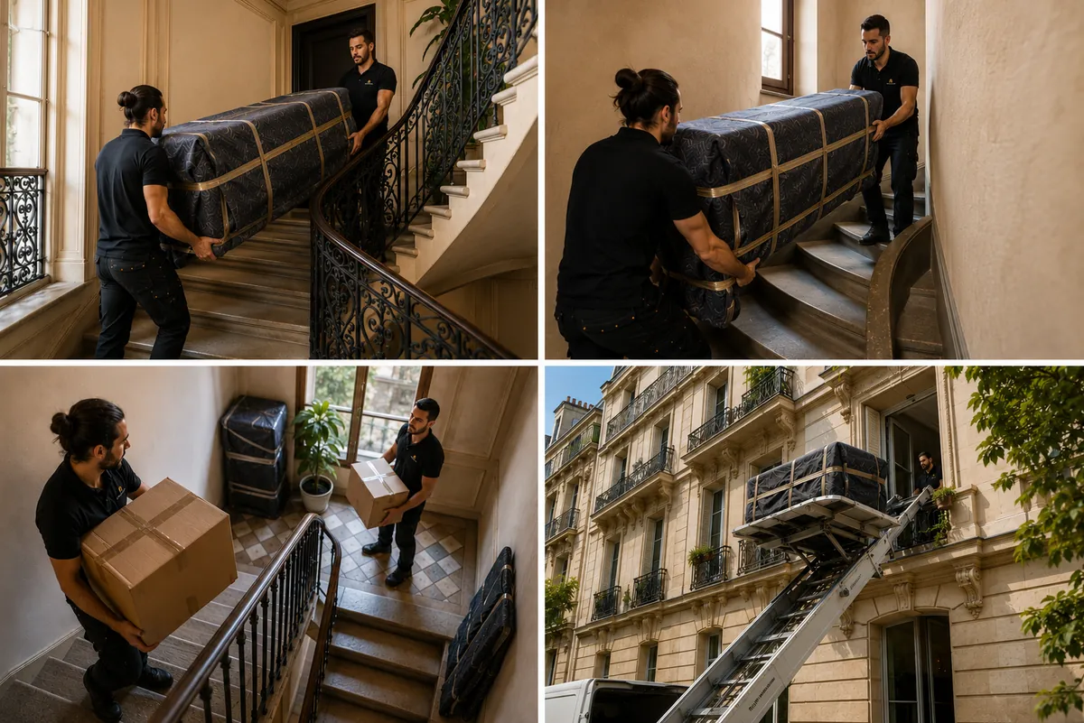 Plusieurs situations de déménagement sans ascenseur montrant la manutention dans un escalier, un accès étroit et l’utilisation d’un monte-meubles.