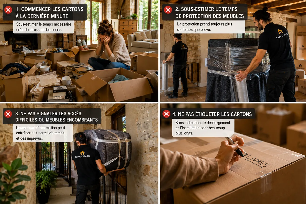Un chef d'équipe de déménagement échange avec un client devant des cartons encore ouverts pendant que l'équipe poursuit l'organisation du chargement.